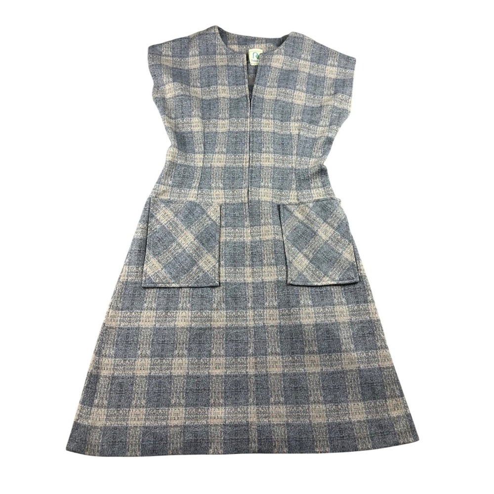 Vintage Three R's Dress Women 12 1/2‎ Blue Gray Plaid Pockets Zip Poly Academic